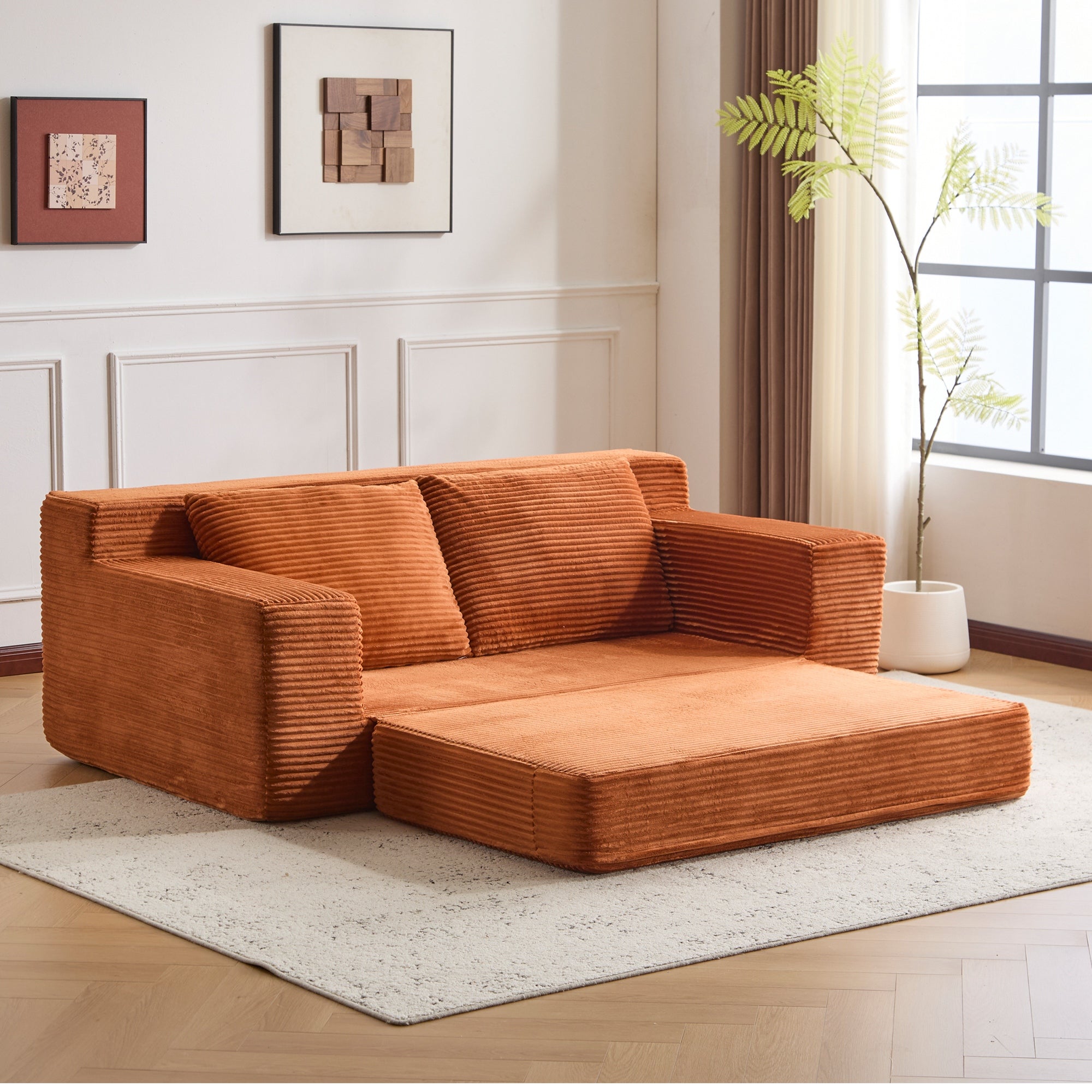 Sofá Loveseat, Sofá Cama con Asiento Profundo Cómodo, Sofá Moderno Pequeño de Terciopelo para Sala de Estar o Dormitorio, Cojín Reversible con Almohadas, Sin Ensamblaje Requerido, Naranja