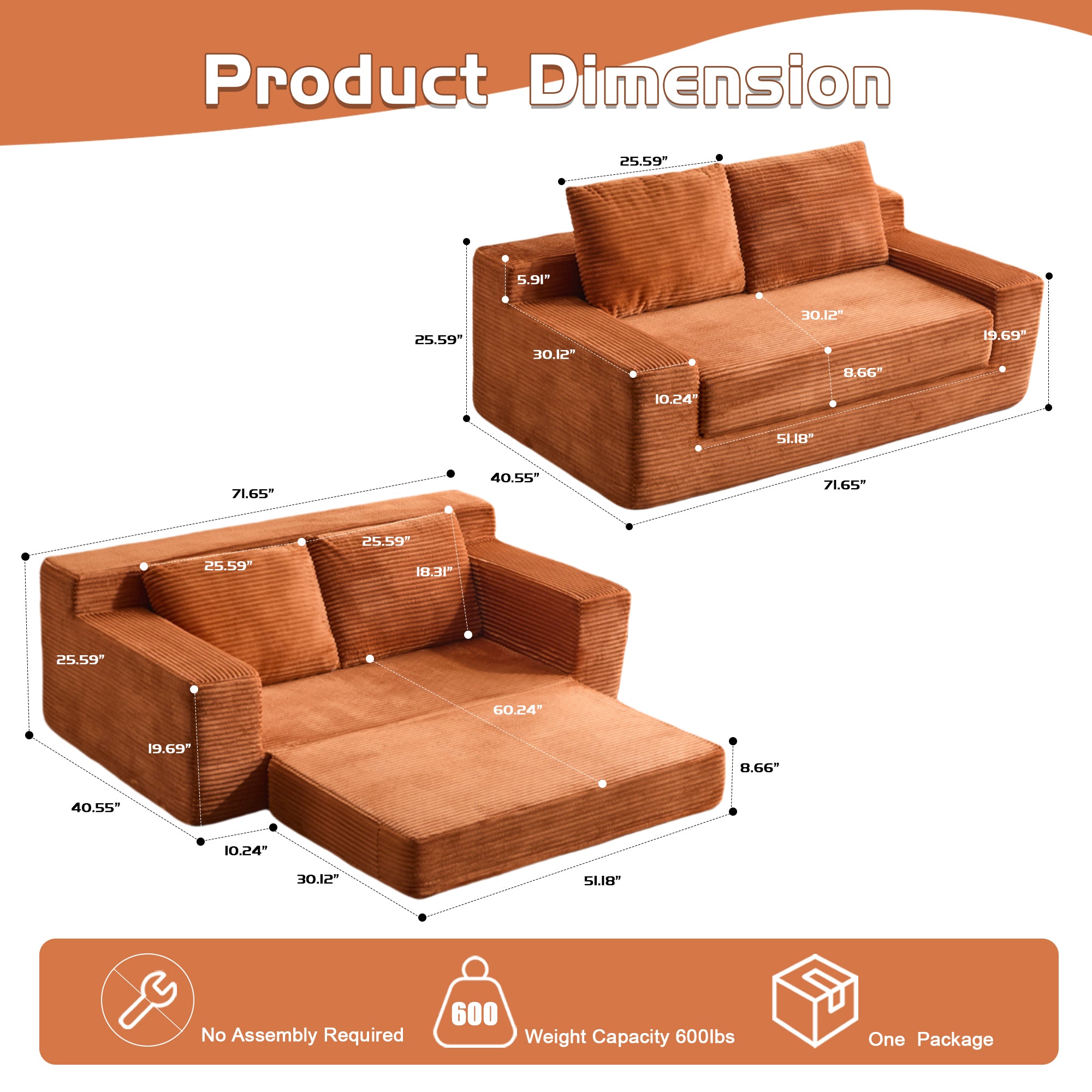 Orange Corduroy Loveseat Sofa