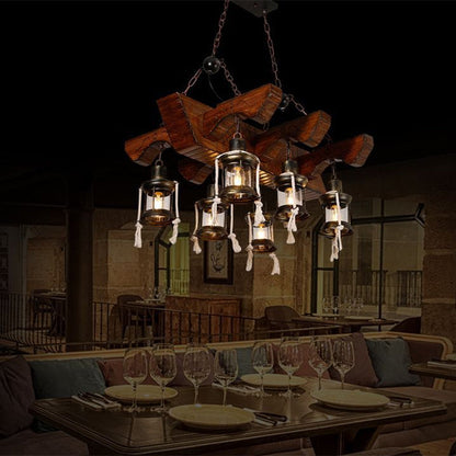 Industrial Clear Glass Chandelier with Wood Accents for Restaurant Ceiling - 4/6 Heads Lantern Pendant Light