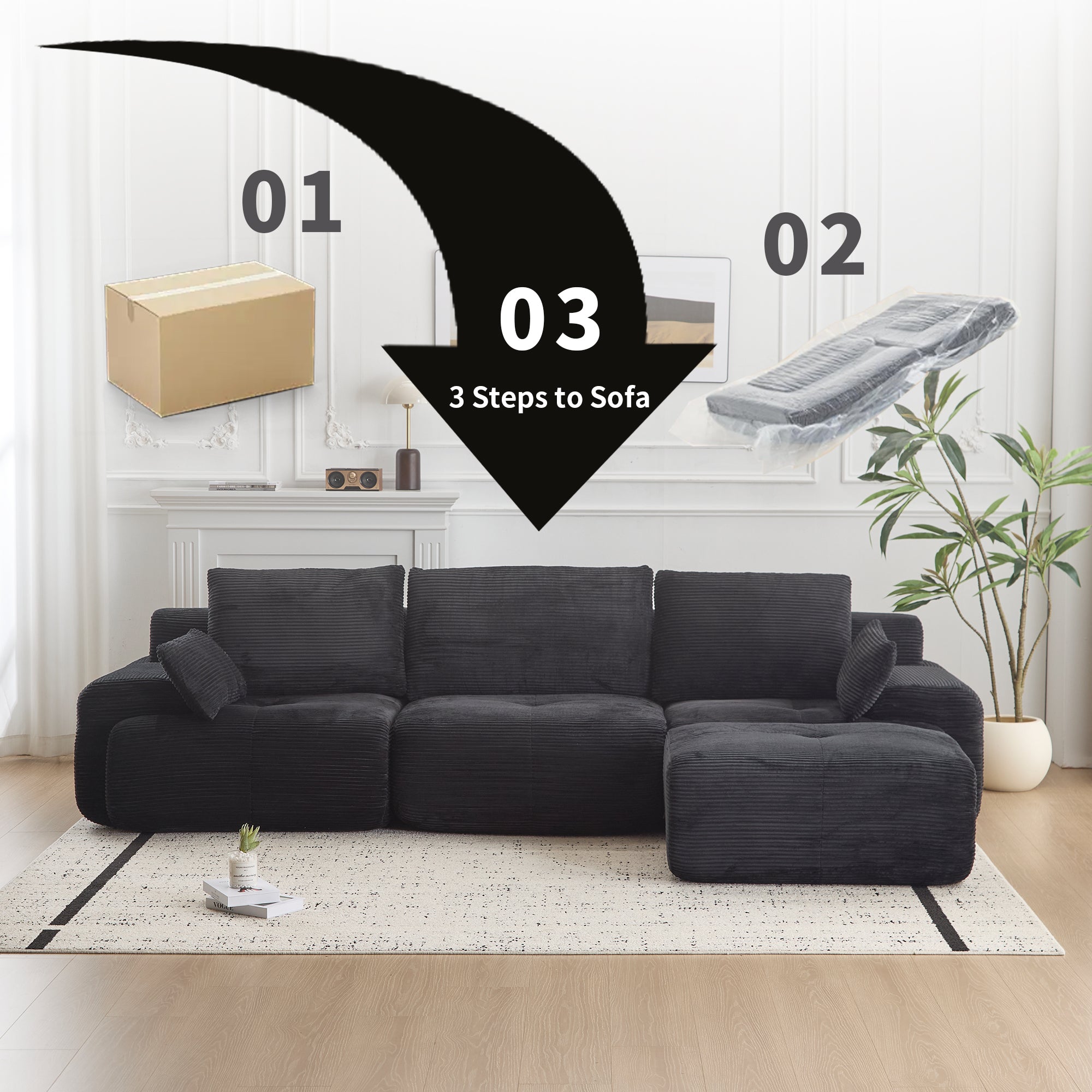 Black Corduroy Sectional Sofa Memory Foam Cushions