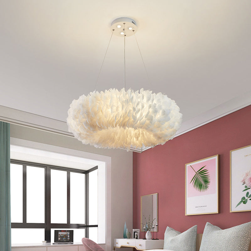 Sleek Circular Feather Suspension Pendant Light, 19.5"/27.5"/31.5" Wide, 8 Bulbs, White Hanging Lamp