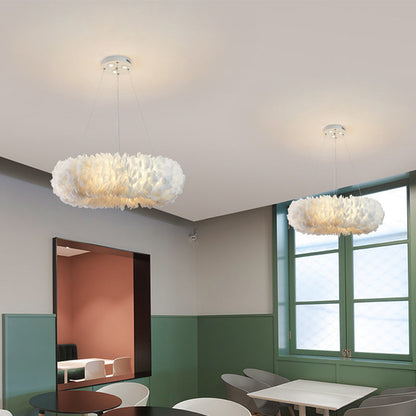 Sleek Circular Feather Suspension Pendant Light, 19.5"/27.5"/31.5" Wide, 8 Bulbs, White Hanging Lamp