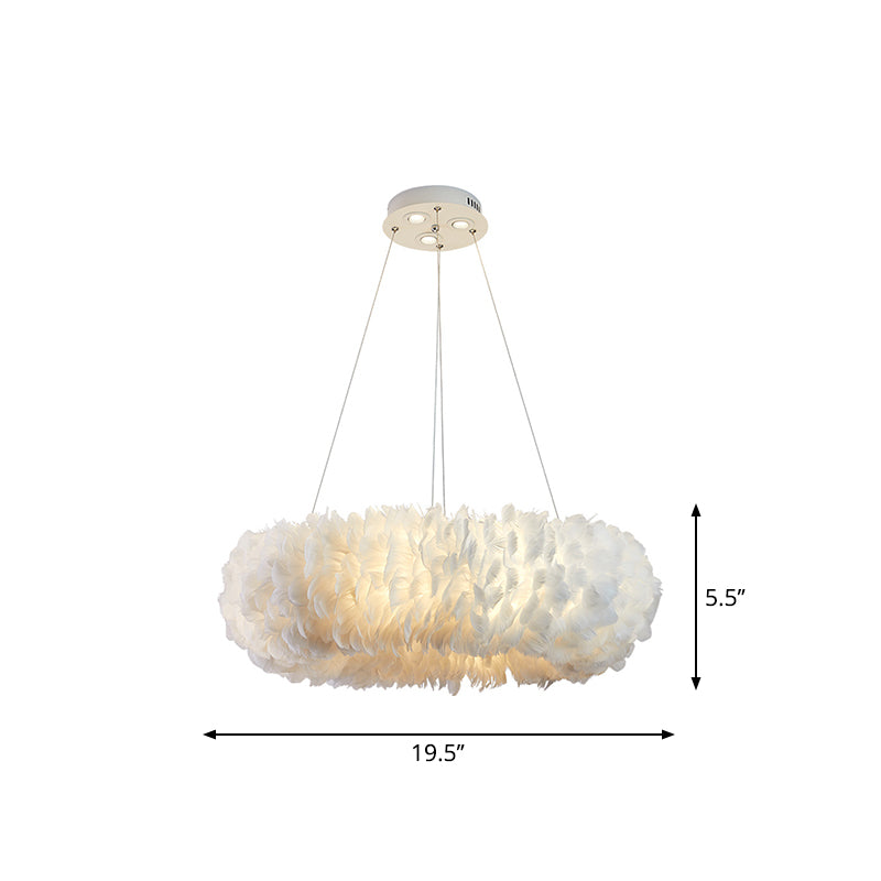 Sleek Circular Feather Suspension Pendant Light, 19.5"/27.5"/31.5" Wide, 8 Bulbs, White Hanging Lamp
