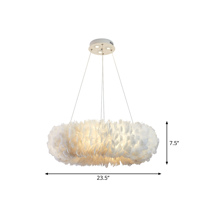 Sleek Circular Feather Suspension Pendant Light, 19.5"/27.5"/31.5" Wide, 8 Bulbs, White Hanging Lamp