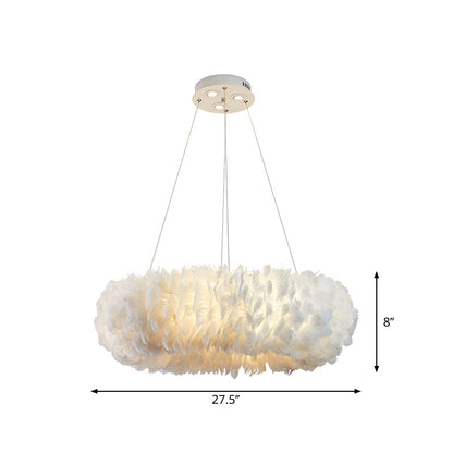 Sleek Circular Feather Suspension Pendant Light, 19.5"/27.5"/31.5" Wide, 8 Bulbs, White Hanging Lamp