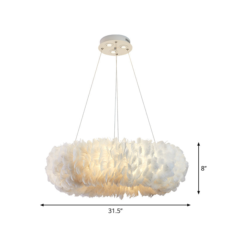 Sleek Circular Feather Suspension Pendant Light, 19.5"/27.5"/31.5" Wide, 8 Bulbs, White Hanging Lamp