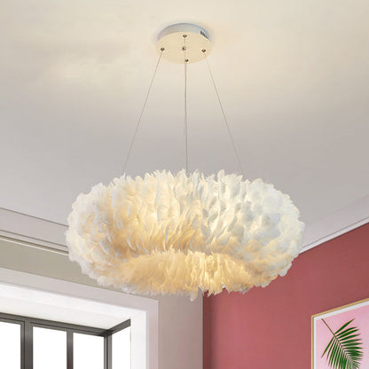 Sleek Circular Feather Suspension Pendant Light, 19.5"/27.5"/31.5" Wide, 8 Bulbs, White Hanging Lamp