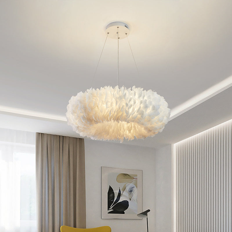 Sleek Circular Feather Suspension Pendant Light, 19.5"/27.5"/31.5" Wide, 8 Bulbs, White Hanging Lamp