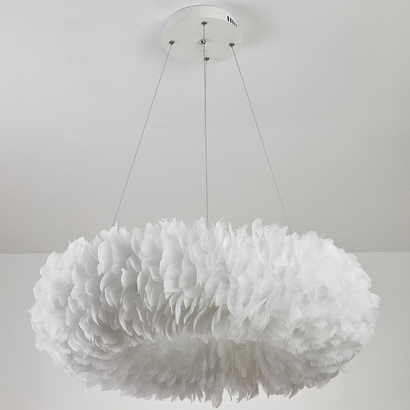 Sleek Circular Feather Suspension Pendant Light, 19.5"/27.5"/31.5" Wide, 8 Bulbs, White Hanging Lamp