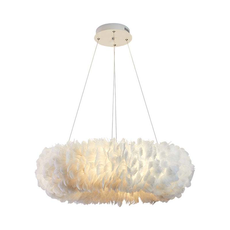 Sleek Circular Feather Suspension Pendant Light, 19.5"/27.5"/31.5" Wide, 8 Bulbs, White Hanging Lamp