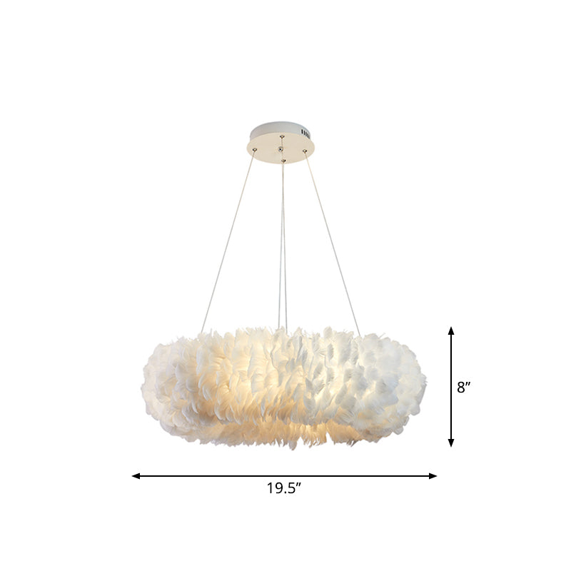 Sleek Circular Feather Suspension Pendant Light, 19.5"/27.5"/31.5" Wide, 8 Bulbs, White Hanging Lamp