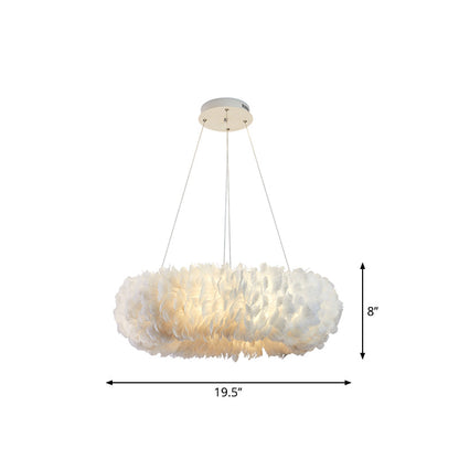 Sleek Circular Feather Suspension Pendant Light, 19.5"/27.5"/31.5" Wide, 8 Bulbs, White Hanging Lamp