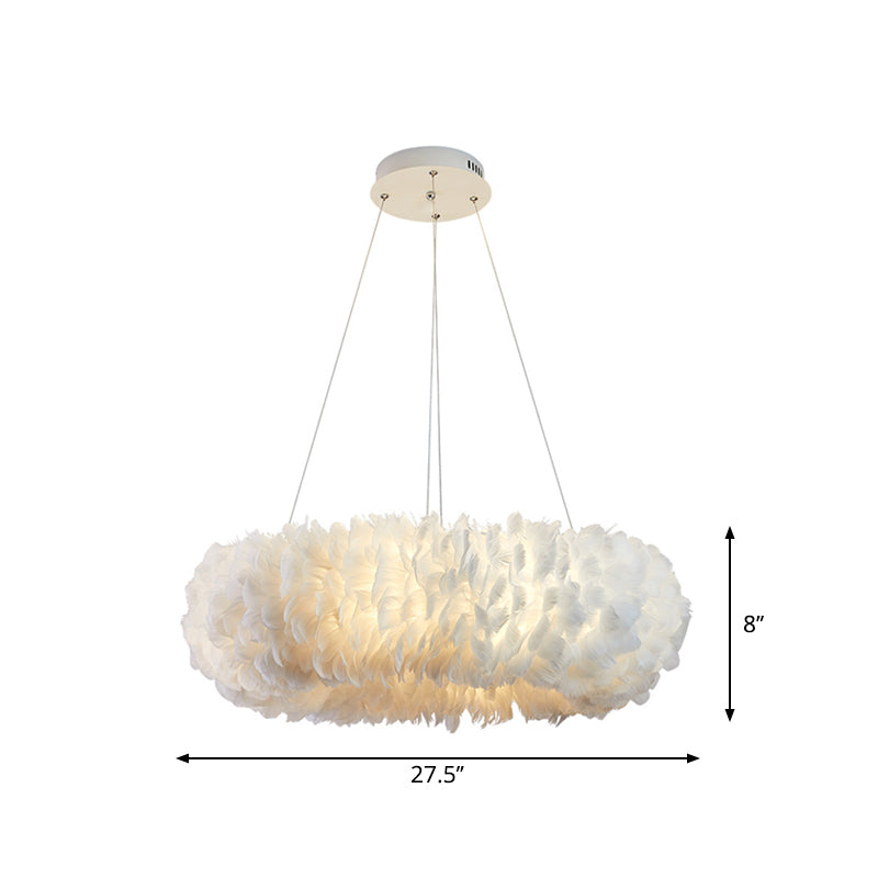 Sleek Circular Feather Suspension Pendant Light, 19.5"/27.5"/31.5" Wide, 8 Bulbs, White Hanging Lamp