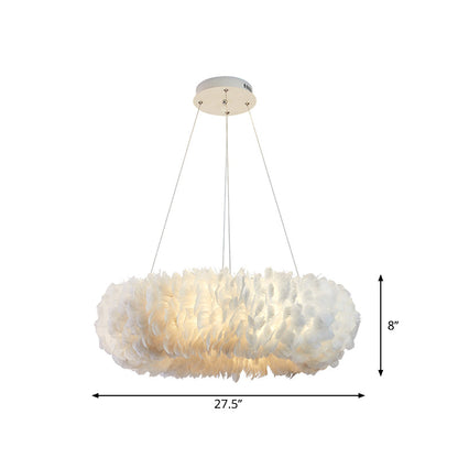 Sleek Circular Feather Suspension Pendant Light, 19.5"/27.5"/31.5" Wide, 8 Bulbs, White Hanging Lamp
