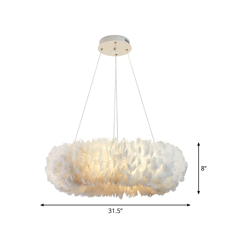 Sleek Circular Feather Suspension Pendant Light, 19.5"/27.5"/31.5" Wide, 8 Bulbs, White Hanging Lamp