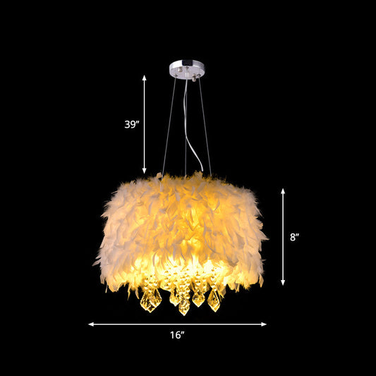 Modern White Feather Drum Pendant Chandelier with Crystal Drop - 5/6/9 Lights, 16"/19.5"/27.5" Wide