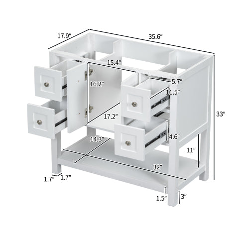 Lavabo de baño de 36 pulgadas sin fregadero, conjunto de lavabo independiente con 4 cajones y puertas de cierre suave, armario de almacenamiento para baño con marco de madera maciza únicamente