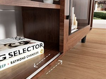 Mid Century Modern TV Stand For 55,60,65,70 Inch TV, Wood Entertainment Center With Power Outlets, Media Console With Sliding Doors And Open Shelf For Living Room, Walnut