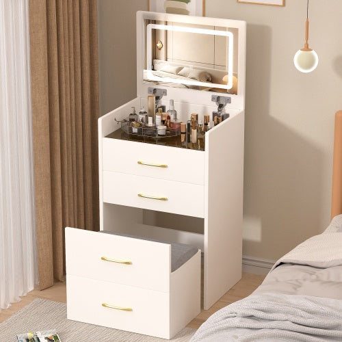 Escritorio de Tocador 3 en 1 con Espejo Abierto en la Parte Superior, Conjunto Pequeño de Tocador para Maquillaje con Escritorio de Vidrio Visible, Tocador Compacto para Maquillaje con 3 Cajones, Mesa de Vestir para Dormitorio