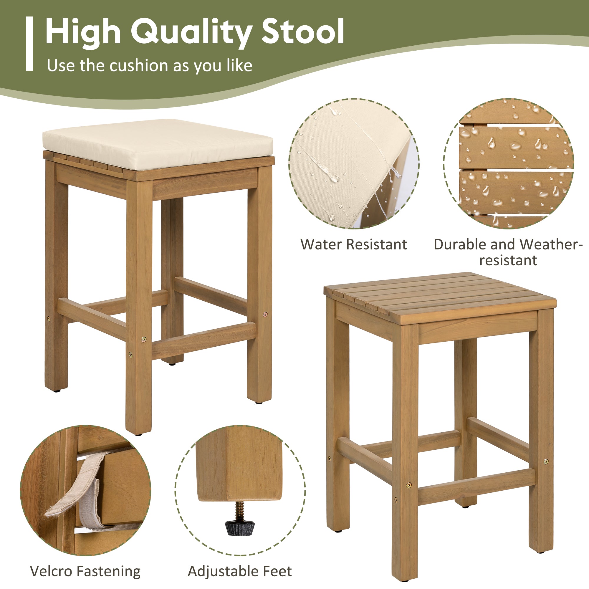 Juego de Bar Exterior de 5 Piezas, Mesa de Altura de Bar de Madera de Acacia para Patio y Cuatro Taburetes con Cojines, Juego de Bar de Comedor de Madera para Patio Trasero, Piscina, Balcón, Beige