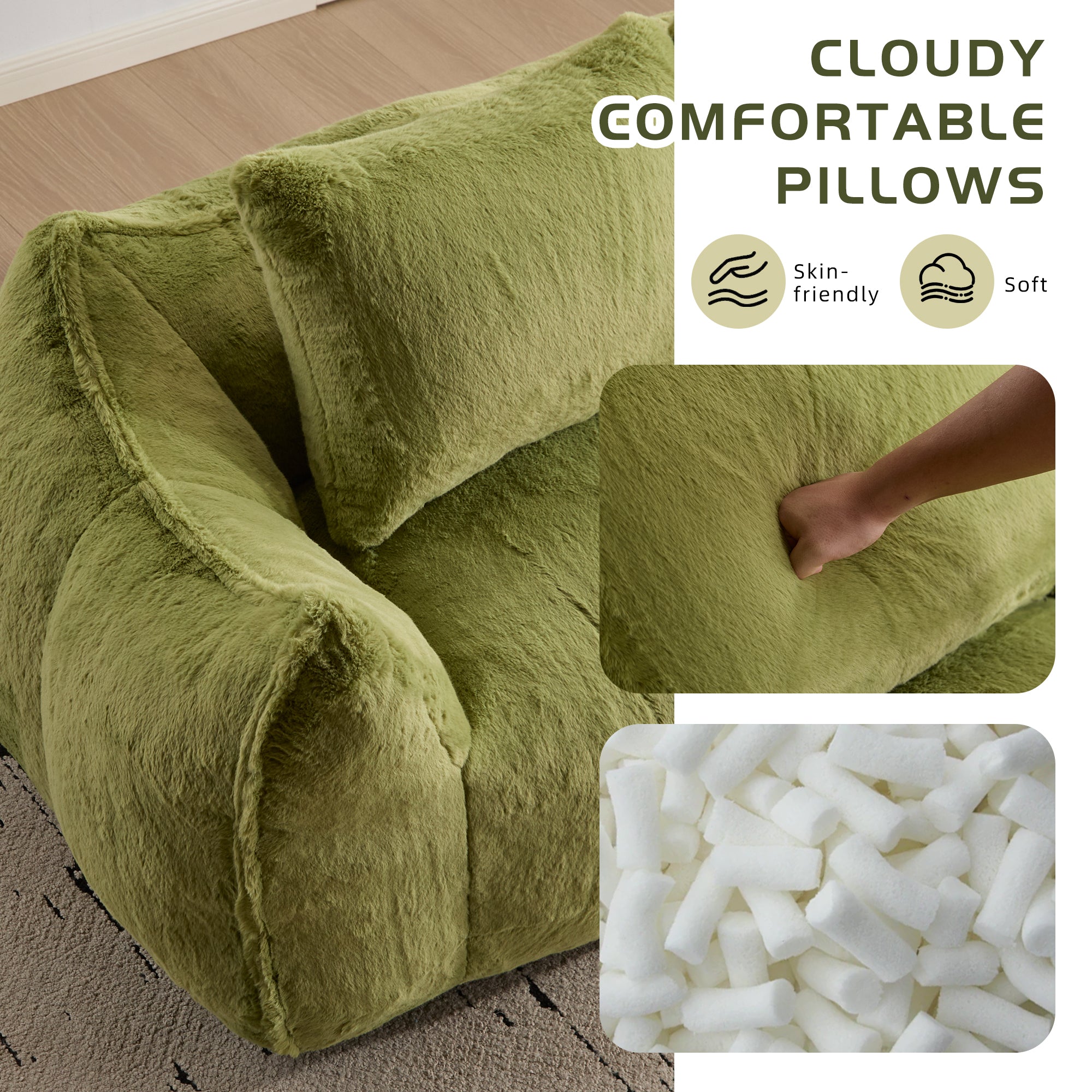Sofá Gigante de Puf para Adultos, Sofá de Puf Loveseat Ultra Suave y Esponjoso, Silla de Reposo Oversized para Interiores en Sala de Estar o Dormitorio, No Requiere Ensamblaje, Silla Cómoda para Lectura con Almohadas, Verde