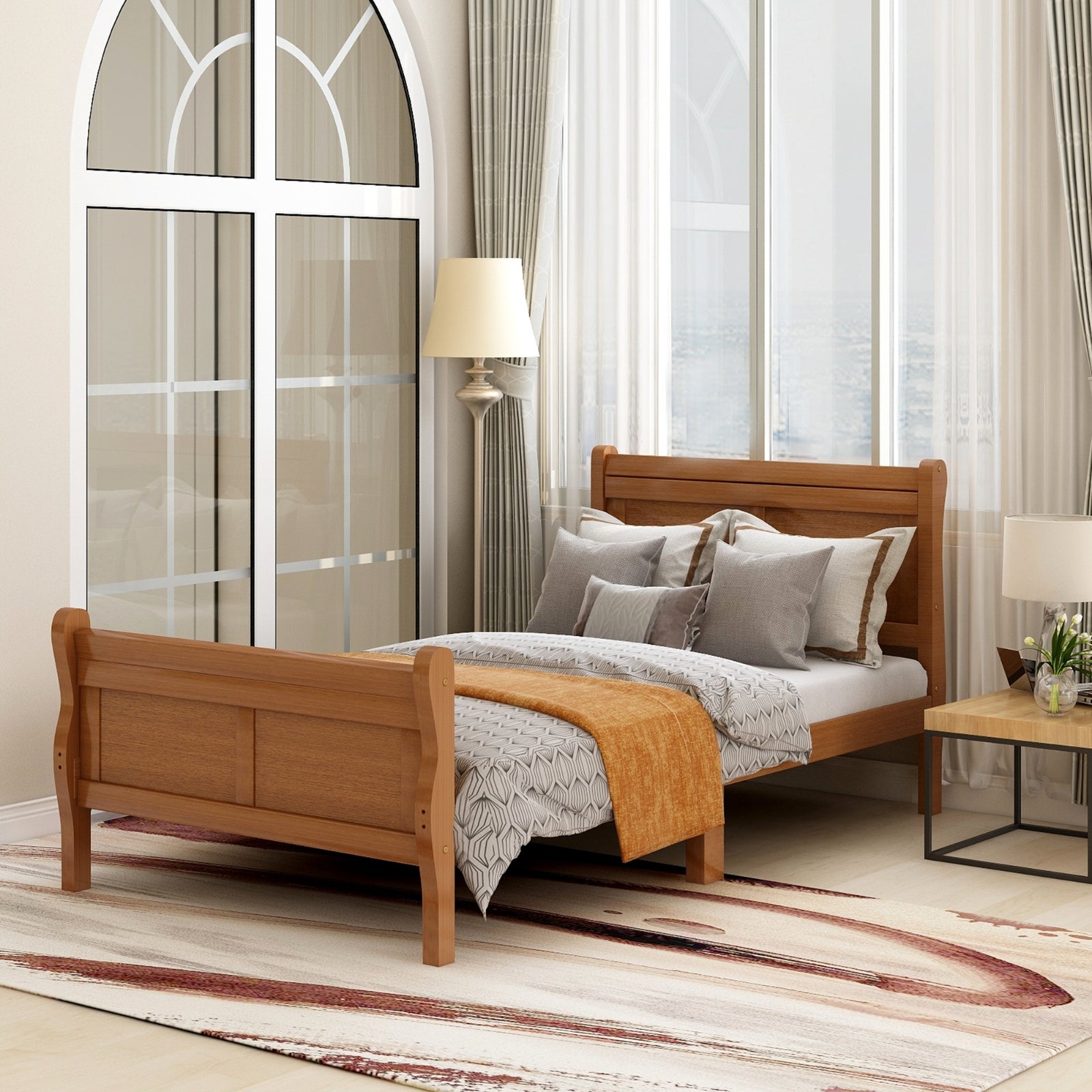 Estructura de Cama Individual de Plataforma de Madera, Diseño de Trineo con Cabecero y Piecero, Listones de Madera