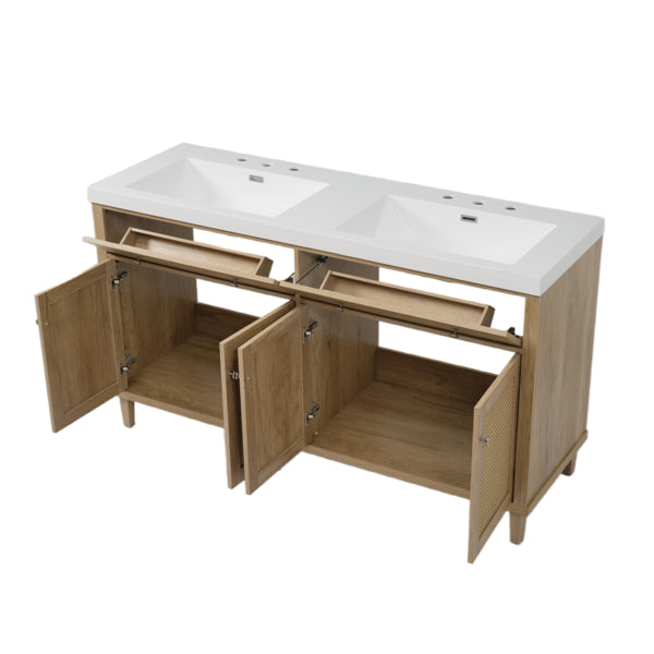 Tocador de Baño de 60 Pulgadas con Doble Lavabo (Lavabo SMC), Amplio Espacio de Almacenamiento con 2 Bandejas Plegables / Cajones Extensibles y 4 Puertas de Cierre Suave, Patas de Madera Sólida y Perillas de Metal Plateado, Color de Madera