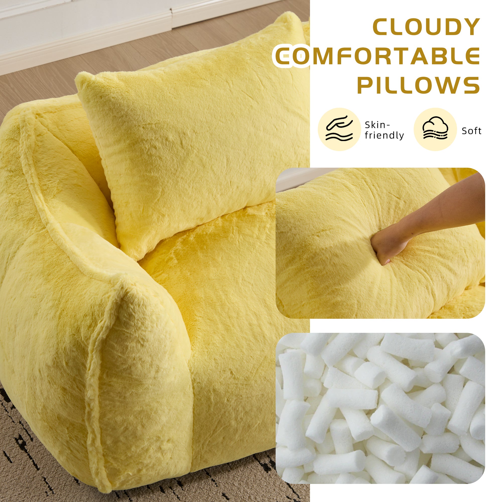 Sofá Gigante de Puf para Adultos, Sofá de Puf Loveseat Ultra Suave y Esponjoso, Silla de Reposar Oversized para Interiores en Sala de Estar o Dormitorio, No Requiere Ensamblaje Silla de Lectura Acogedora con Almohadas, Amarillo