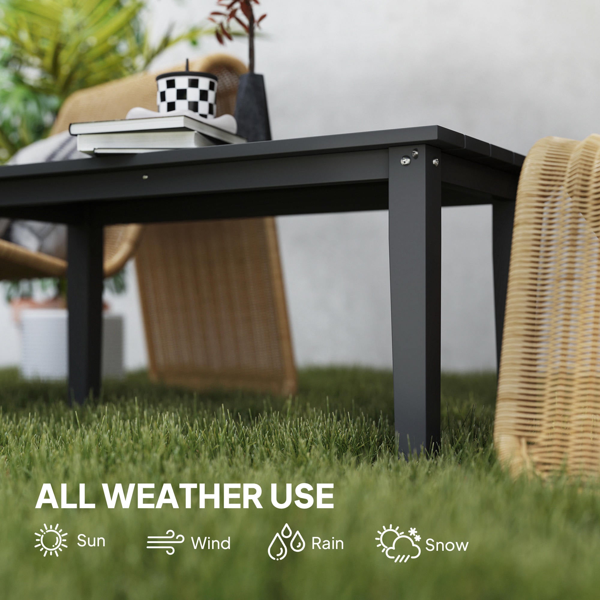 Mesa de Café Exterior Rectangular, Mesa de Patio Exterior Resistente a Todas las Inclemencias del Tiempo en HDPE con Superficie de Mesa con Listones para Jardín, Balcón, Negro