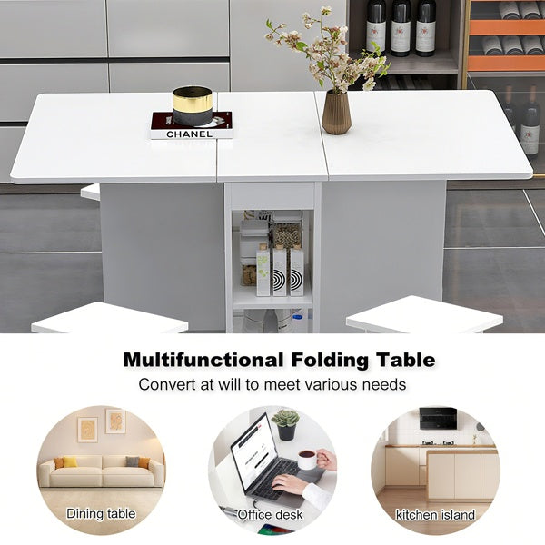 Juego de Mesa de Comedor Plegable con Hoja Caída para 4 Personas con 4 Sillas, Mesa de Comedor Plegable Ahorra Espacio con Almacenamiento y 6 Ruedas, 47.2 Pulgadas de Profundidad x 23.6 Pulgadas de Ancho x 30.3 Pulgadas de Altura, Blanco