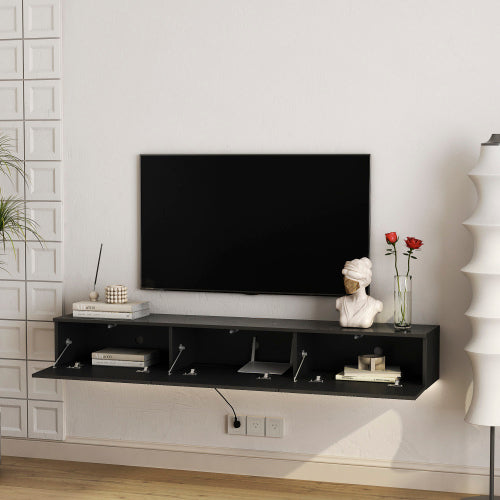 Floating TV Stand Wall Mounted With 16 Color LEDs,Modern TV Stand, Floating TV Cabinet Entertainment Center For 55 60 65 Inch TV,Black