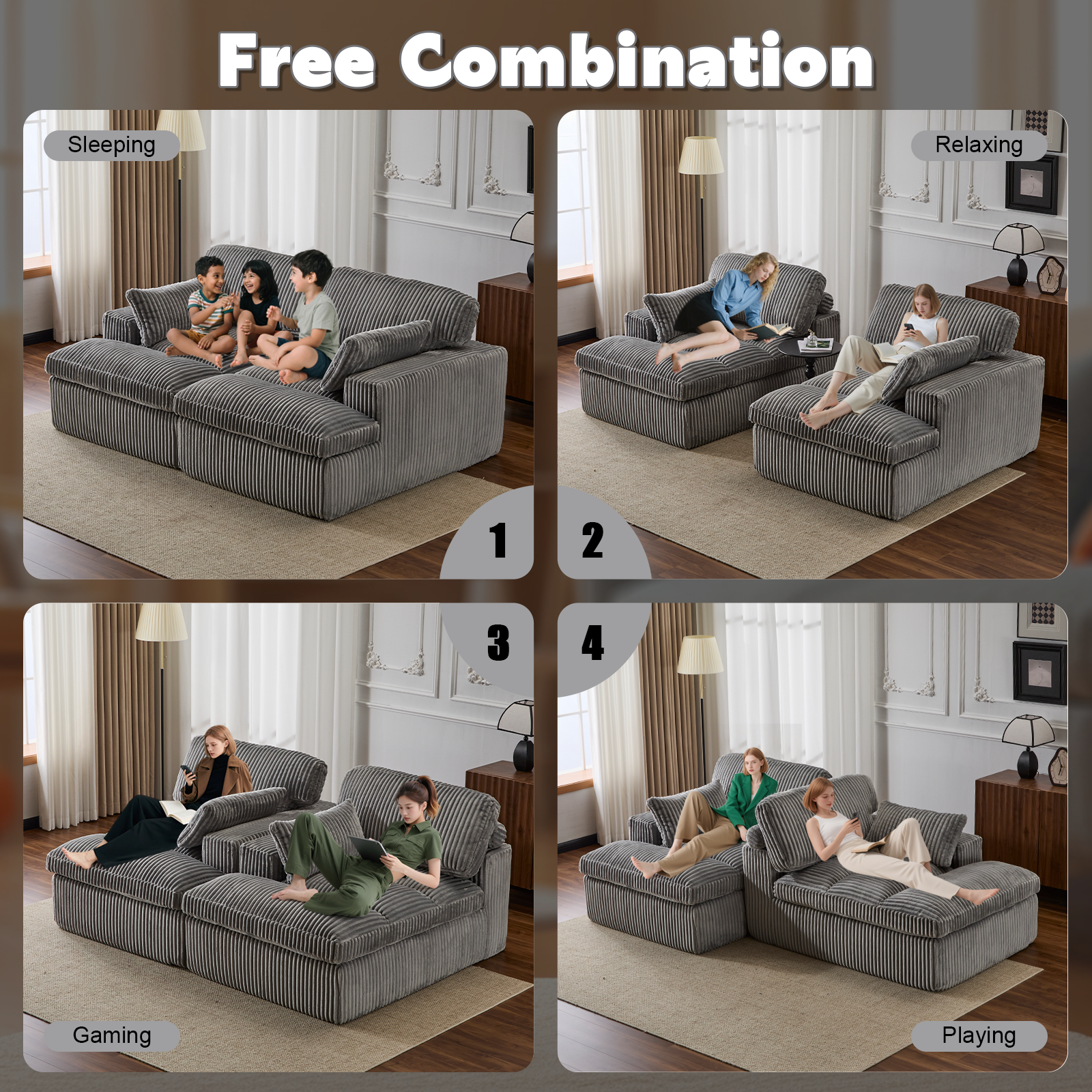 Silla de Chaise Lounge Doble para Interiores, Sofá Nube Oversized Tapizado, Cama de Sofá de Lujo con Asiento Profundo, Sofá Seccional Chaise Loveseat, Silla de Lectura de Corduroy para Sala de Estar, Sin Ensamblaje Requerido, Gris