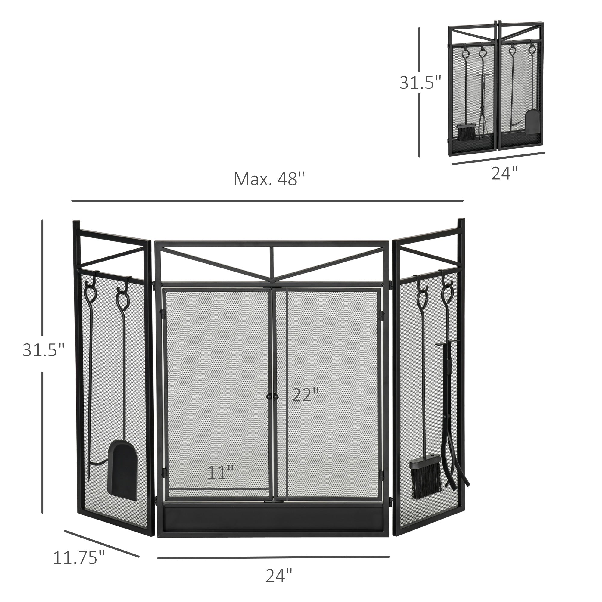 Pantalla Plegable de 3 Paneles para Chimenea con 2 Puertas Magnéticas y Juego de Herramientas para Chimenea