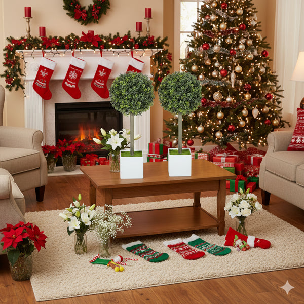 2PCS Set Artificial Tree Fake Plants Natural Boxwood Topiary Balls With 114 PE Leaves Tree Indoor Outdoor Holiday Living Room Home Office Decor FBA Shipment