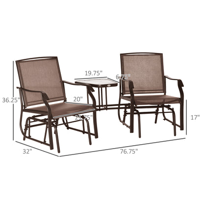 2-Seat Outdoor Glider Swing, Double Independent Rocker Chair, With Center Coffee Table, Breathable Sling Fabric, Coffee Brown