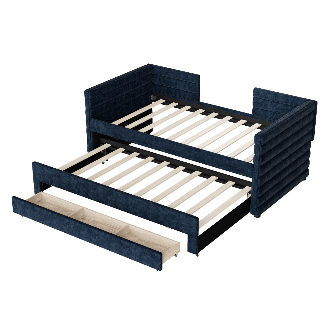 Cama de Día Tapizada de Tamaño Individual con Trundle y 3 Cajones de Almacenamiento, Sofá Cama de Tela Chenille para Habitación de Invitados, Sala de Estar, Marco de Cama de Día Moderno Ahorra Espacio, No Se Requiere Resorte de Caja