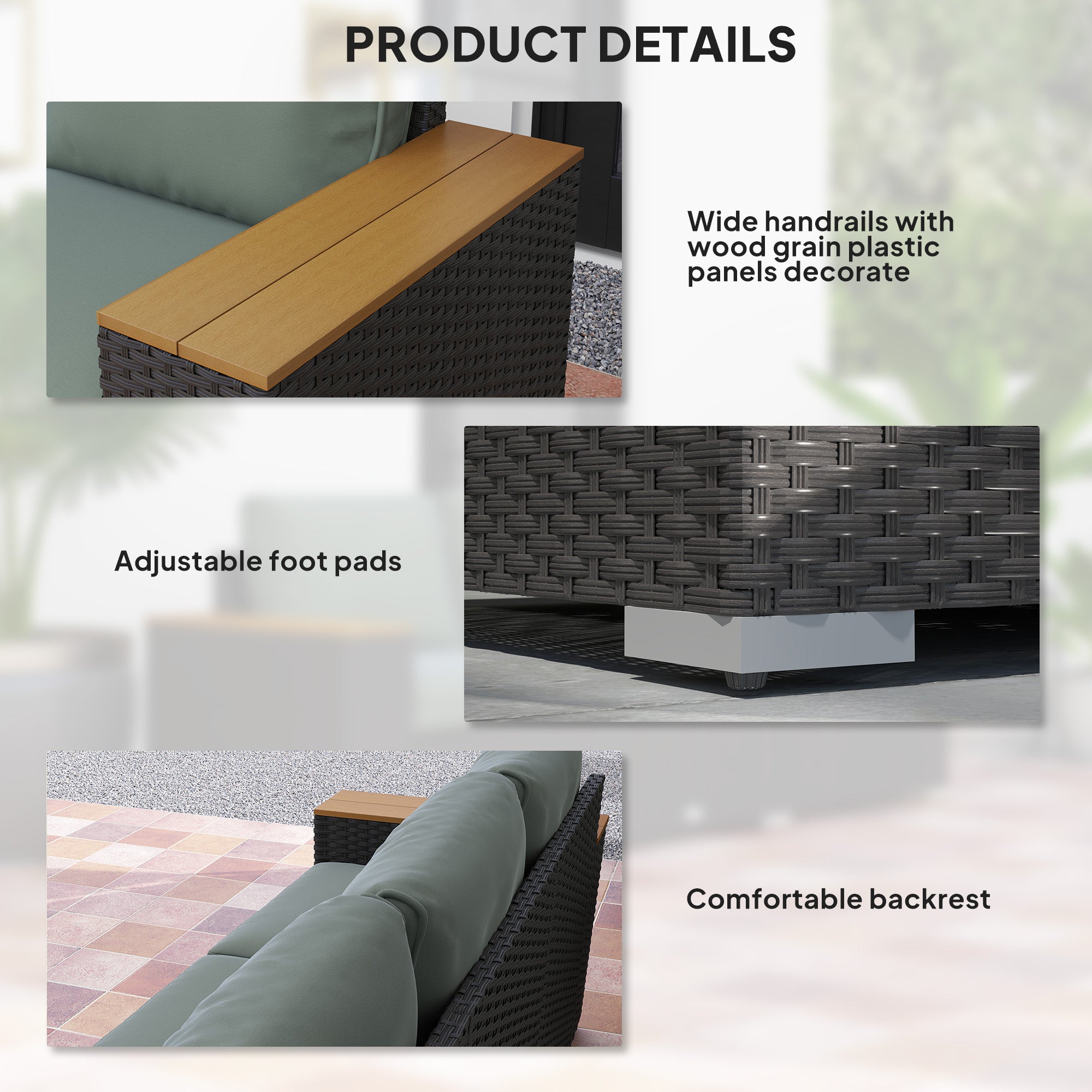 Sofá de Patio Exterior para 3 Personas con Cojines, Sofá de Mimbre de Ratán PE con Reposabrazos Anchos, Sofá de Mimbre Exterior, Gris Oscuro