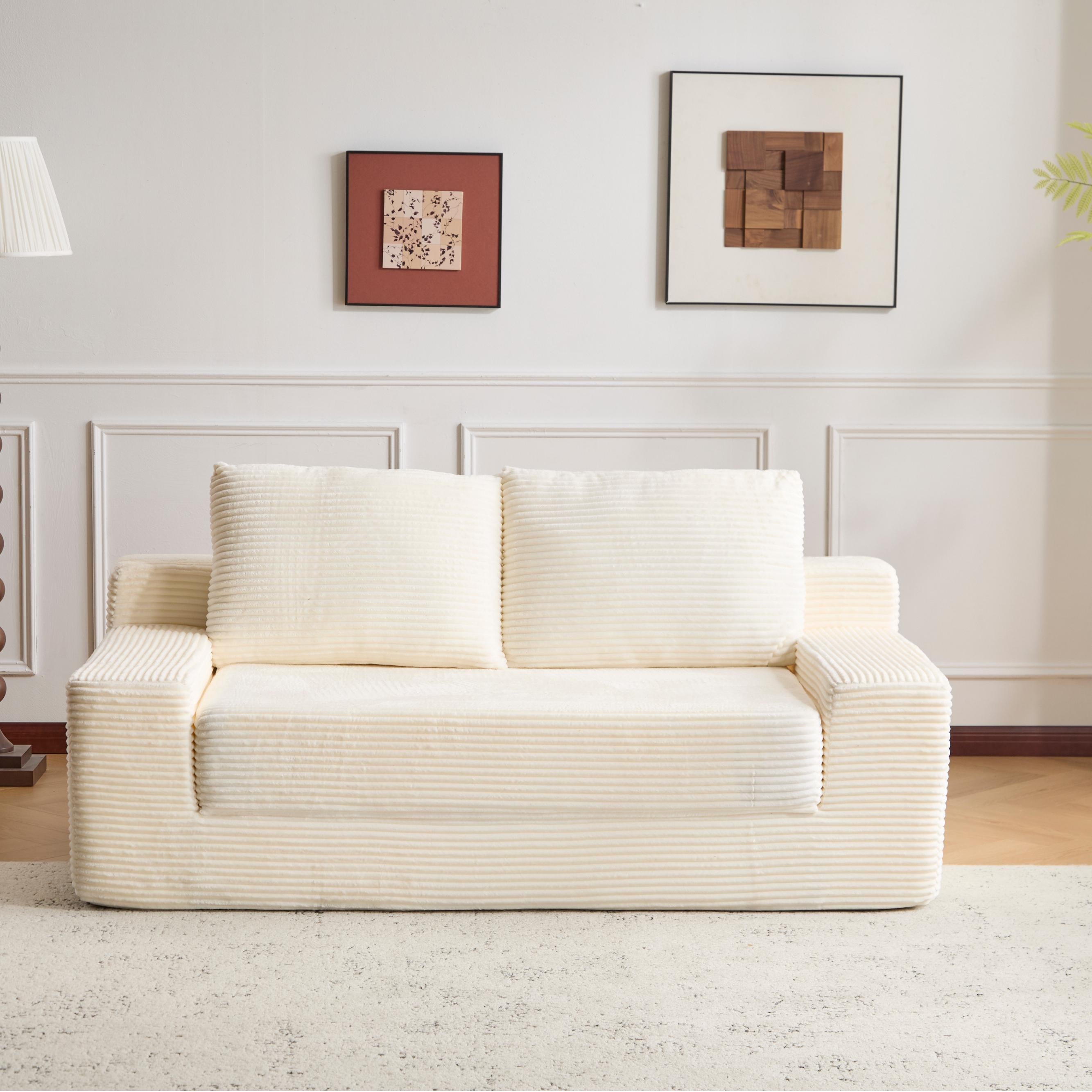 Sofá tipo Loveseat, Sofá cama con asiento profundo cómodo, Sofá moderno pequeño de corduroy para sala de estar o dormitorio, Cojín reversible con almohadas, Sin necesidad de ensamblaje, Blanco