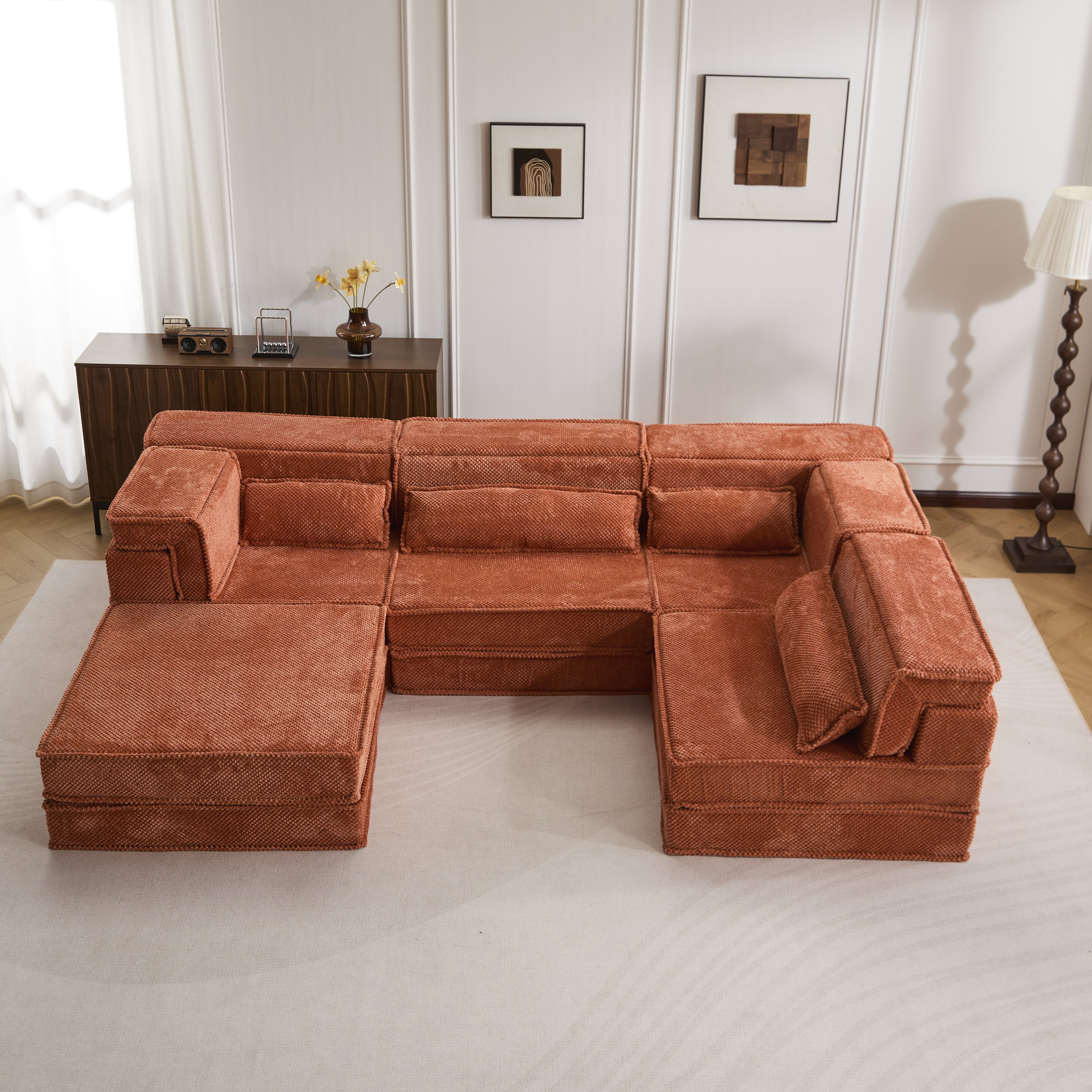 Sofá Mahjong de Compresión, Sofá Cama Convertible para el Suelo, Sofá Seccional Modular sin Huesos DIY, Sin Ensamblaje Requerido, Tejido de Felpa Circular, Para 4 Personas Sobredimensionado con 1 Otomana, Naranja