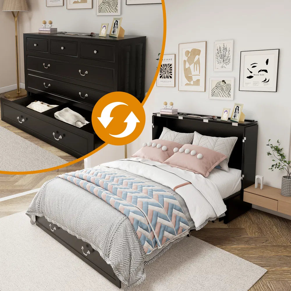 Marco de Cama Murphy de Tamaño Queen con Cajones, Cama Murphy con Pecho y Estación de Carga, 2 Puertos USB, Cama Murphy Móvil para Arreglo de Dormir en Áreas Multipropósito para Dormitorio, Sala de Estar, Habitación de Huéspedes Blanco y Madera