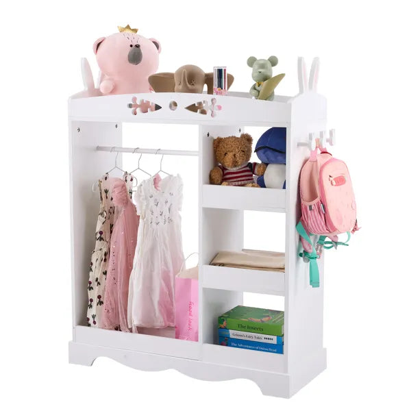 White MDF + Particleboard Children's Wardrobe With 1 Mirror, 3 Shelves, And 1 Clothes Rod; Rabbit Ear Design