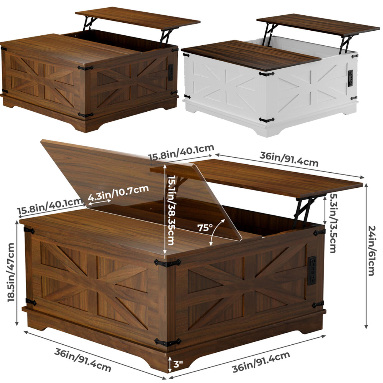 Mesa de Centro de Estilo Rústico con Superficie Elevable, Estación de Carga USB y Almacenamiento Oculto - Base de Madera Resistente, Opciones en Blanco-Marrón, Perfecta para la Organización del Salón, Mesa de Centro para el Salón, Versátil