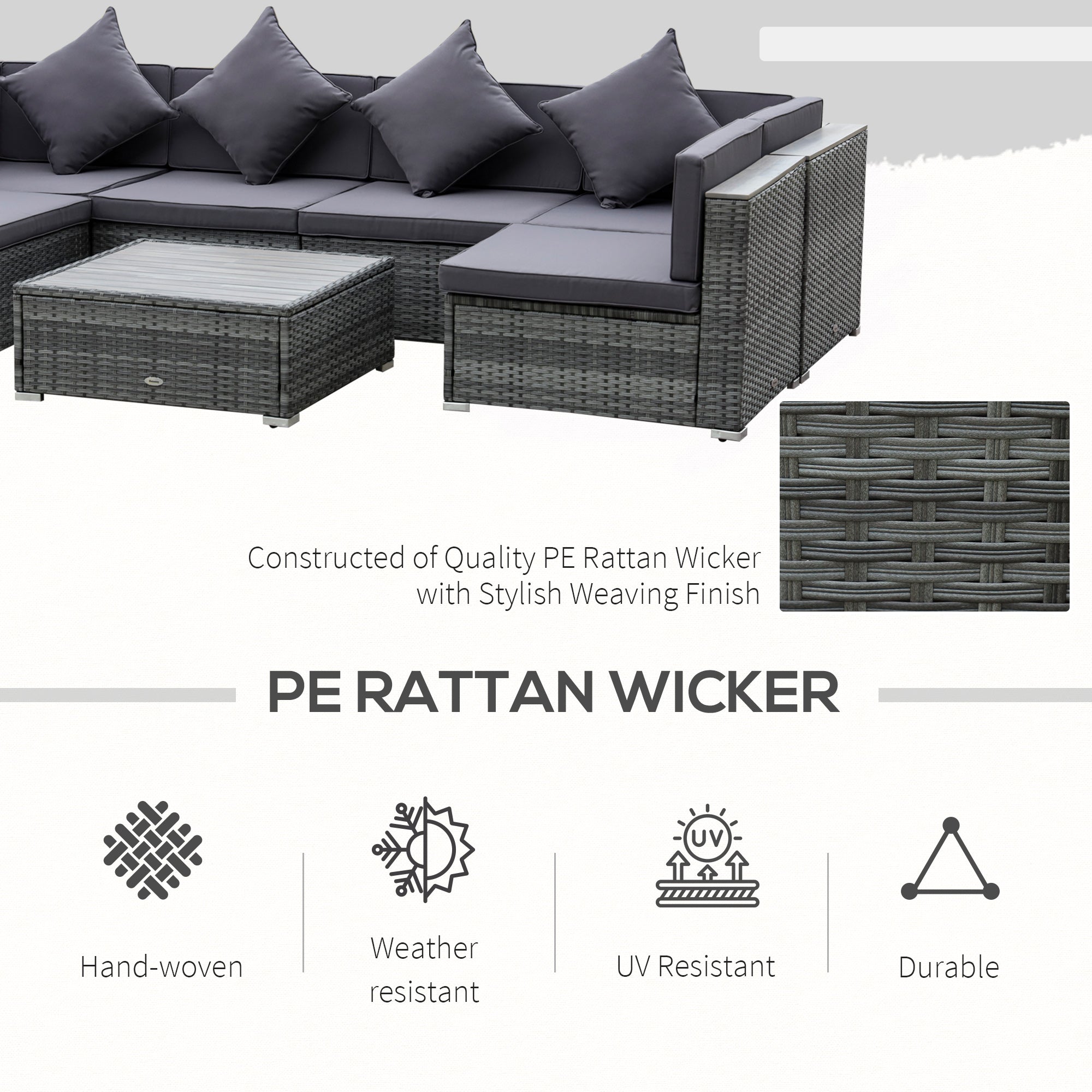 Conjuntos de Muebles de Patio de 7 Piezas Sofá Seccional de Ratán PE Conjunto de Conversación al Aire Libre con Mesa de Centro de Tapa de Acacia y Cojines para Jardín, Patio Trasero, Gris