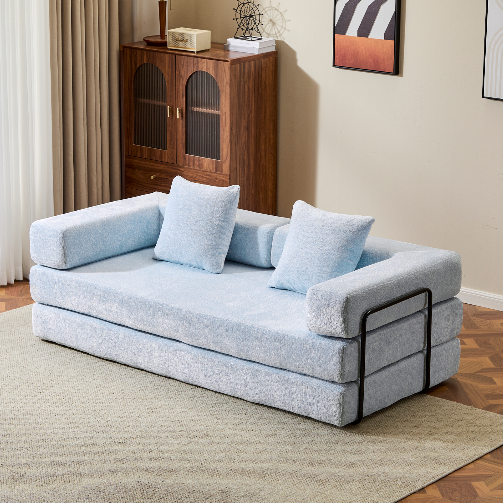 Sofá de Suelo, Sofá con Compresión, Sofá Cama Convertible de Suelo - con Soporte para la Espalda de Almohada y Reposabrazos, Sofá Futón Cómodo para Descanso y Cama para Dormir, Tela de Chenilla, para Sala de Estar y Dormitorio AZUL CLARO