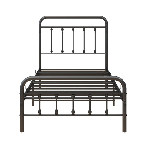 Metal Platform Bed Frame, Victorian Style HeadboardFootboard  Under Bed Storage  No Box Spring Needed Twin Size Black