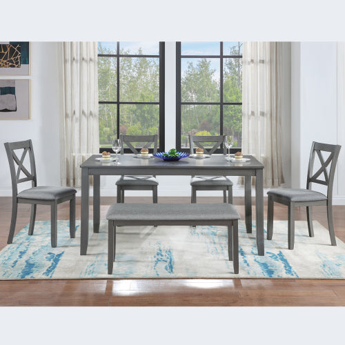 6-teiliges Küchen-Esszimmer-Set, rechteckiger Holztisch mit 4 gepolsterten Stühlen und einer Bank, Esstisch-Set für 6 Personen, Wohnzimmer, Hausbar und Küche, Grau