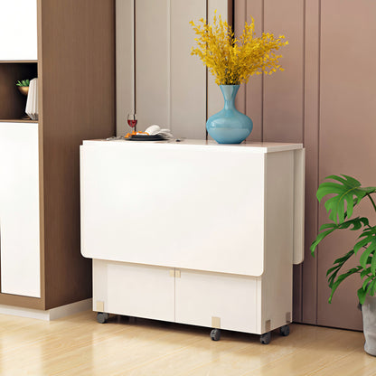 Folding Drop Leaf Dining Table With 6 Wheels And 2-Layer Storage Shelf, Space Saving Table For Small Spaces, 47.2 Inch D X 23.6 Inch W X 30.3 Inch H, White