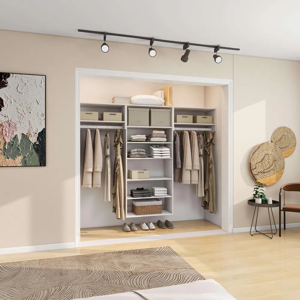 Sistema Organizador de Armario, Sistema de Armario Empotrado de 71" de Altura con Cajones, Armario de Madera con Estantes, Sistema de Armario de Madera DIY con Estantes de Armario Montados en la Pared (87" de Ancho x 16" de Profundidad x 71" de Altura)