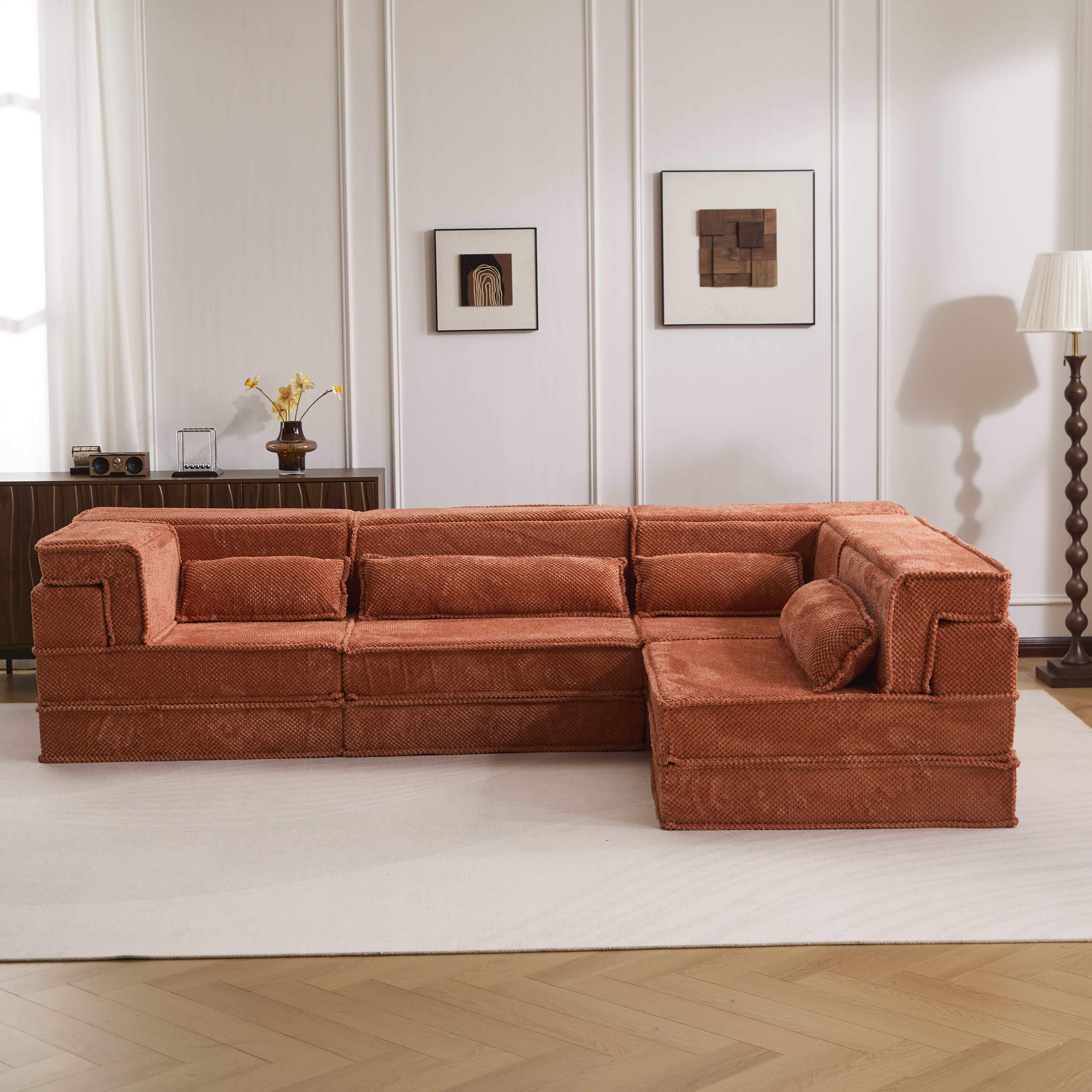 Sofá Mahjong de Compresión, Sofá Cama Convertible para el Suelo, Sofá Seccional Modular Sin Huesos DIY, Sin Ensamblaje Requerido, Tejido de Felpa Circular, Para 4 Personas de Tamaño Excesivo con 4 Almohadas, Naranja