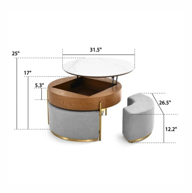 Mesa de Centro con Carga Superior Extensible de 3 Patas Apilable con Almacenamiento Incluye 3 Taburetes